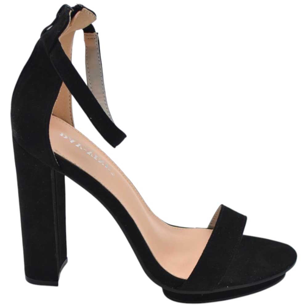 Sandali donna nero camoscio con plateau rialzato 2 cm e tacco largo 15 cm cinturino alla caviglia elegante.