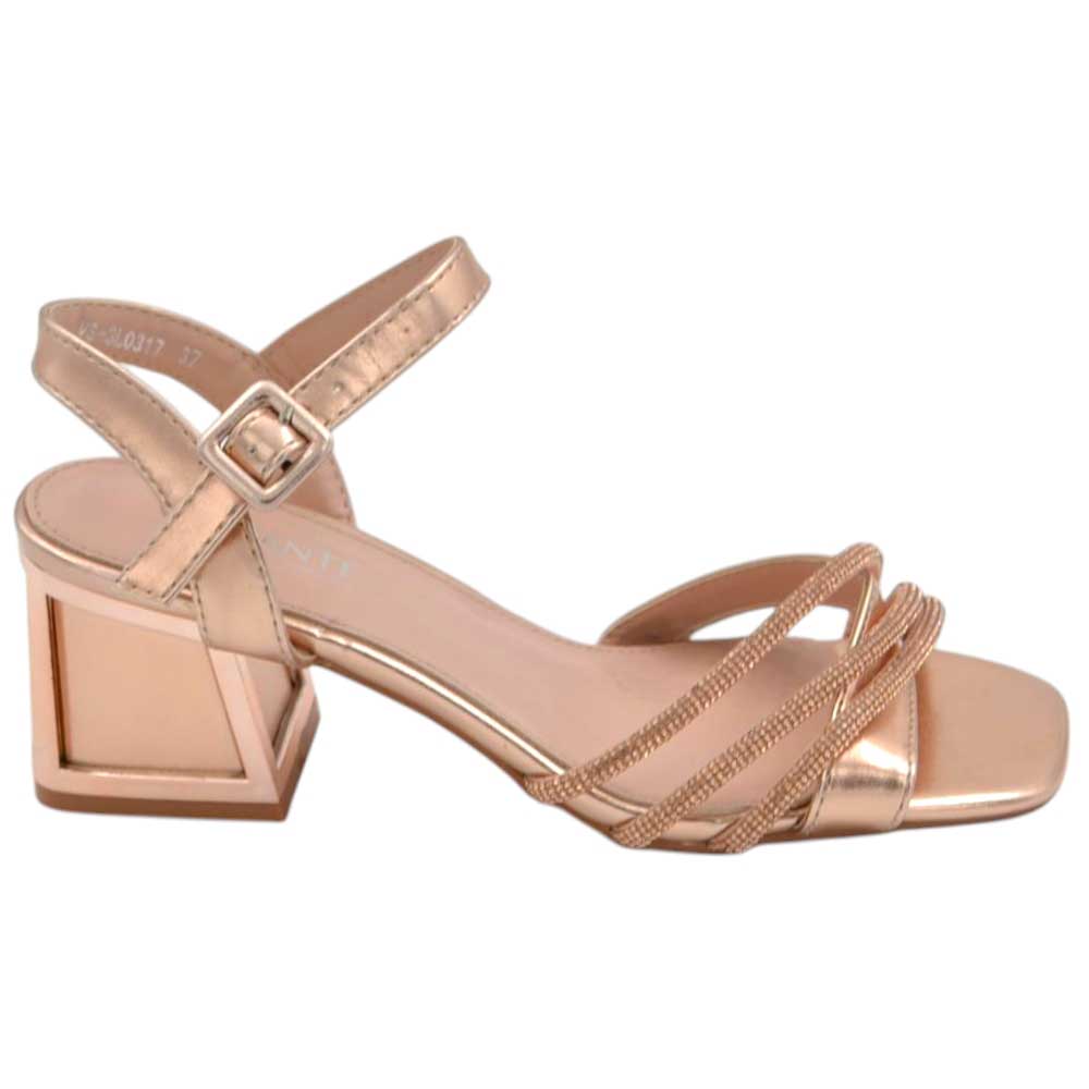 Sandalo gioiello donna cerimonia oro rosa fascette brillantini incrociate tacco quadrato 5 cm cinturino alla caviglia
