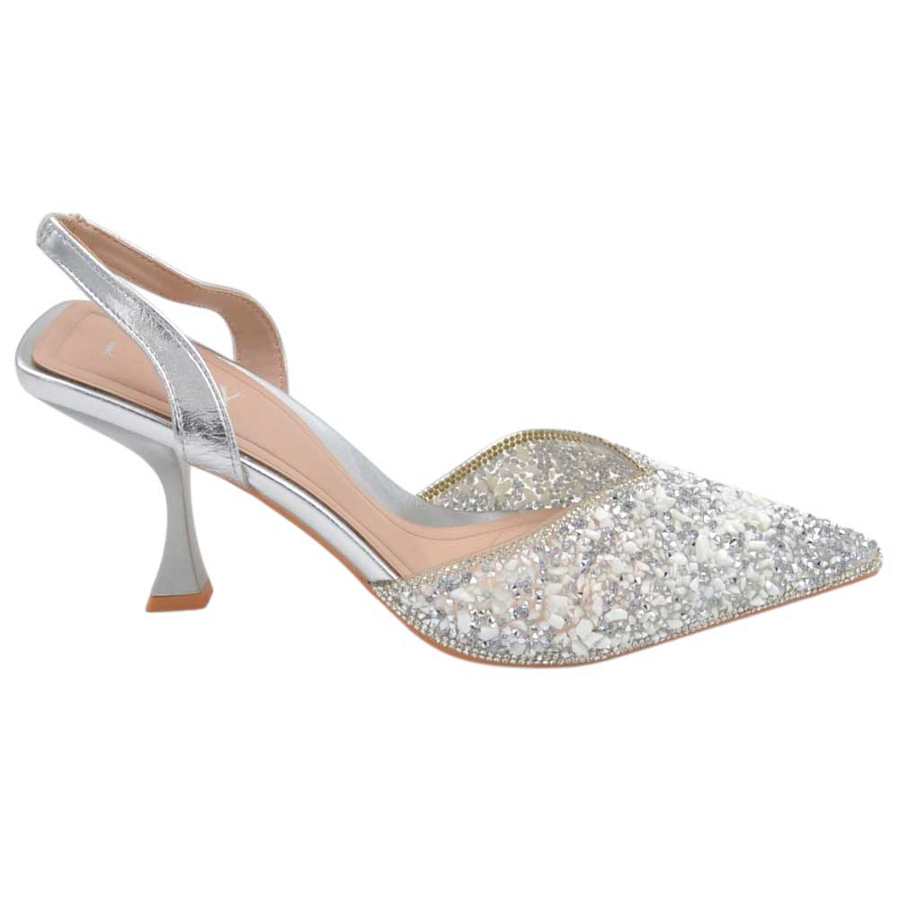 Decollete gioiello donna argento con scollo a v aperto sul tallone tacco clessidra 8 cm elegante cerimonia evento sposa.