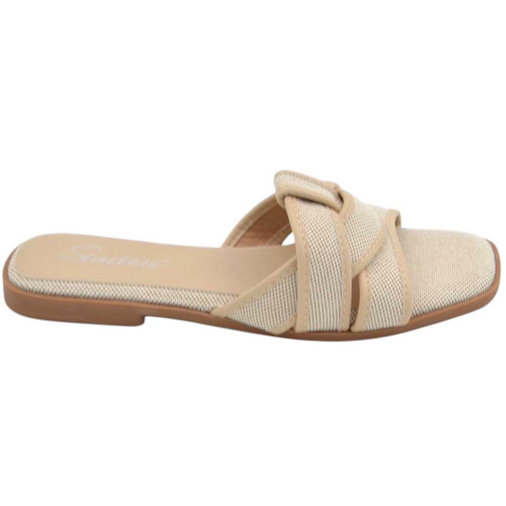 Pantofoline da donna basse basic in tela beige con fasce incrociate e suola in memory.