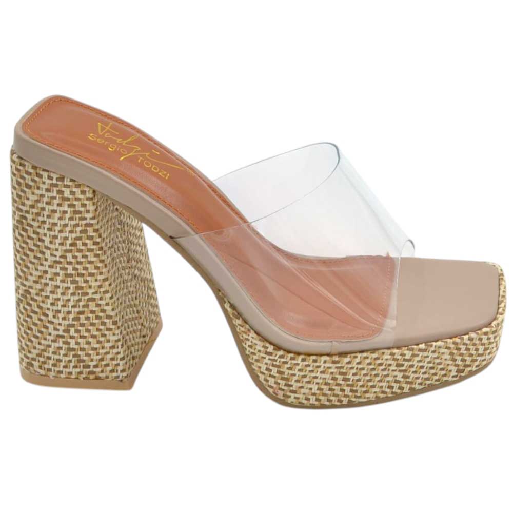 Sabot zoccolo donna estivo con plateau 2 cm tacco largo 10 suola fantasia paglia astratta beige fascia trasparente.