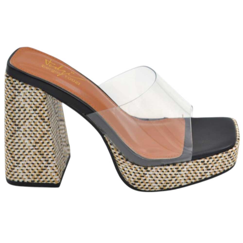 Sabot zoccolo donna estivo con plateau 2 cm tacco largo 10 suola fantasia paglia astratta nero fascia trasparente.