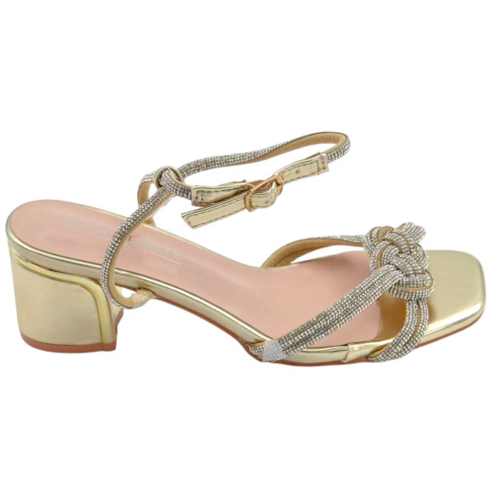 Sandali gioiello donna con tacco basso largo 5 cm con nodo bicolore oro argento comodo elegante.
