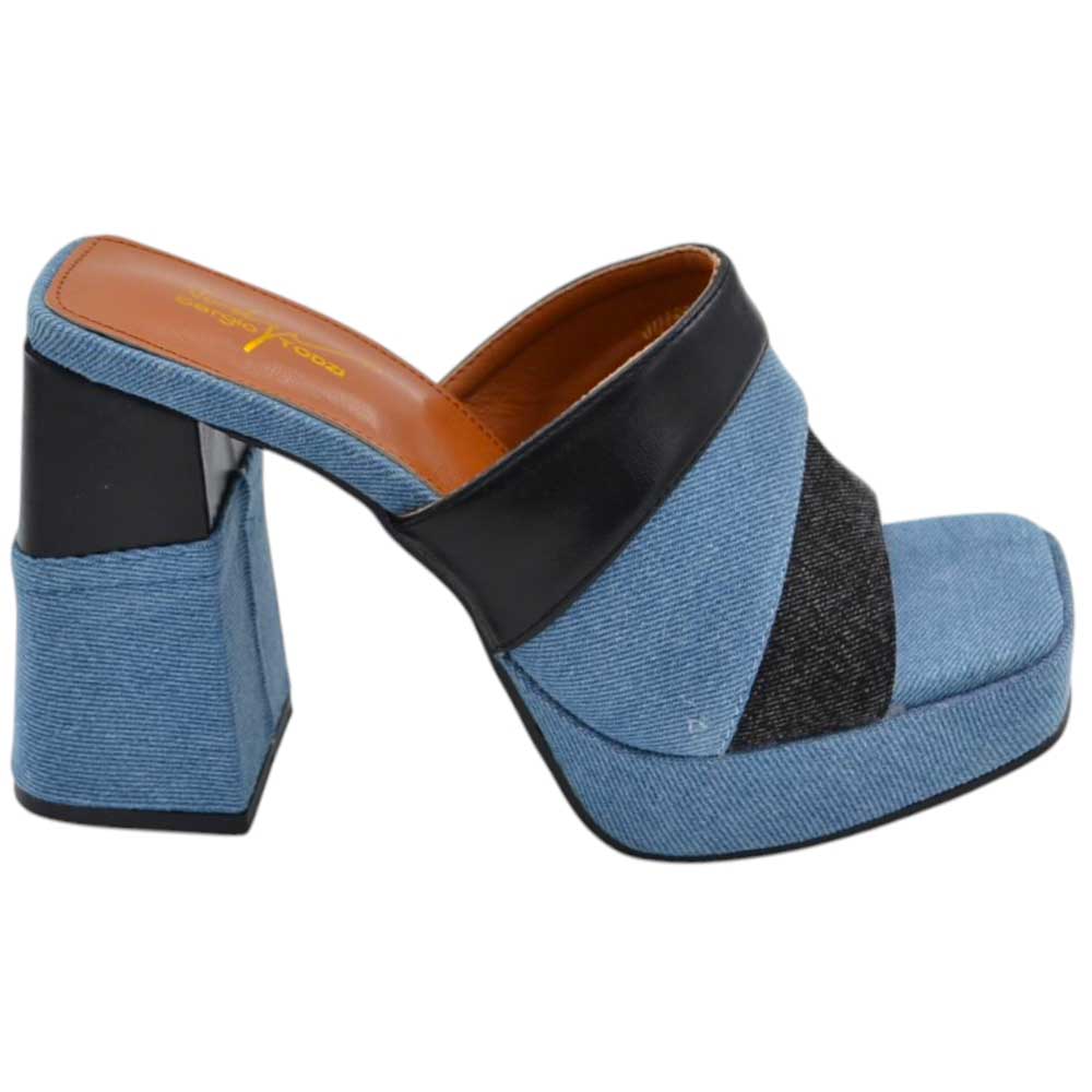 Sabot zoccolo donna estivo con plateau 2 cm tacco largo 10 jeansato bicolore denim comodo .