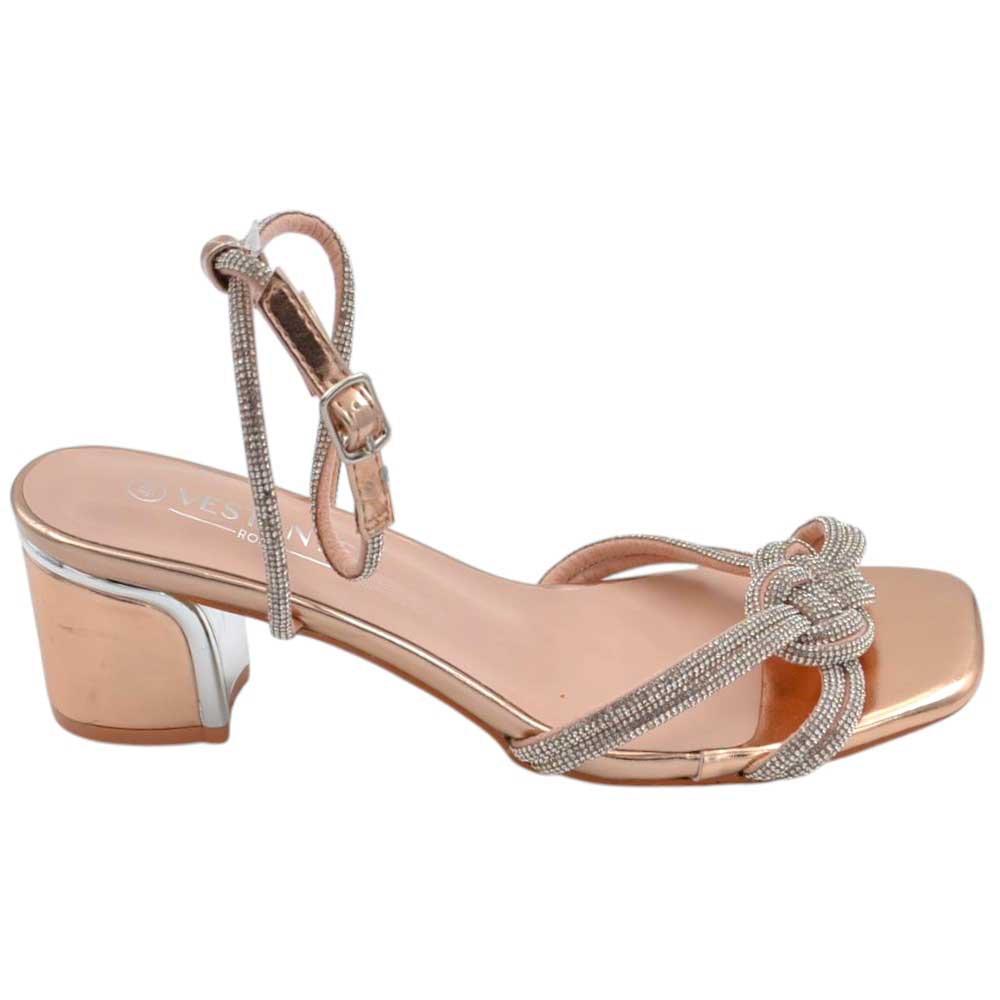 Sandali gioiello donna con tacco basso largo 5 cm con nodo bicolore oro rosa argento comodo elegante