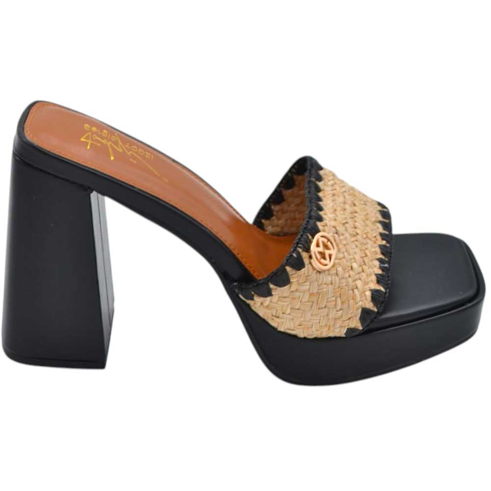 Sabot zoccolo donna estivo in pelle nero con plateau 2 cm tacco largo 11 fascia in paglia e uncinetto