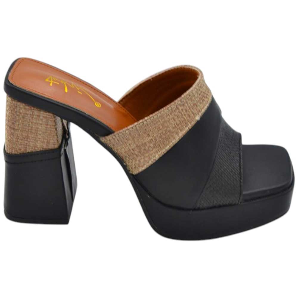 Sabot zoccolo donna estivo in pelle nero con plateau 2 cm tacco largo 10 fascia in paglia e uncinetto