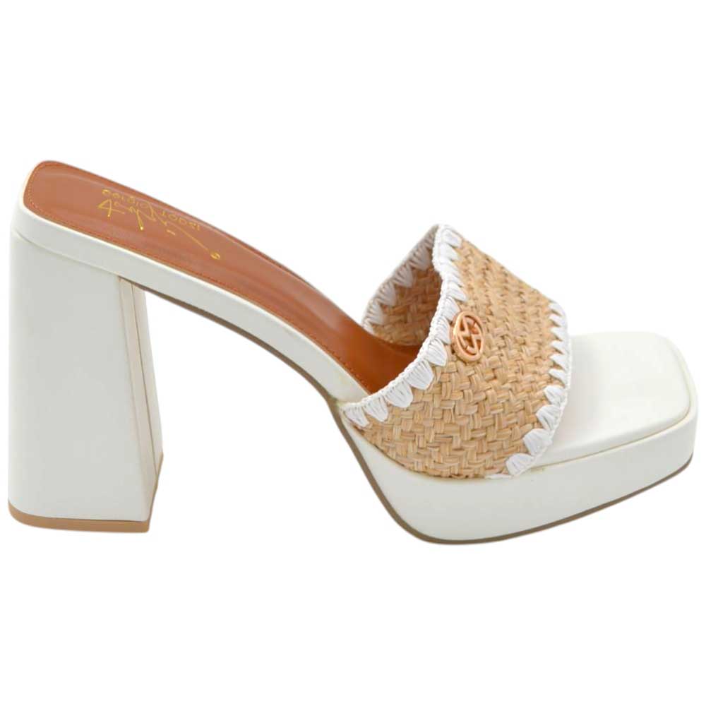 Sabot zoccolo donna estivo in pelle bianco con plateau 2 cm tacco largo 11 fascia in paglia e uncinetto.