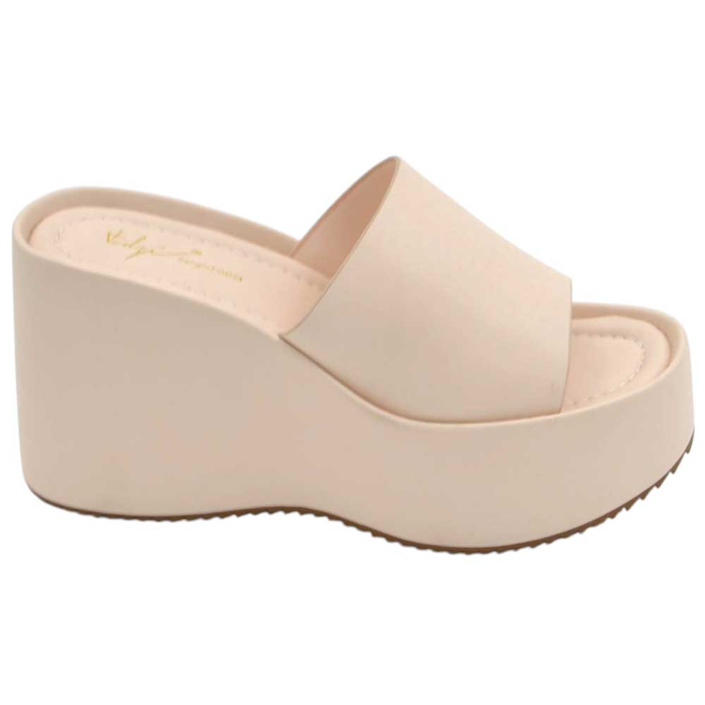 Sandali zeppe donna beige platform 10 cm con suola in gomma e fascia in pelle comoda.