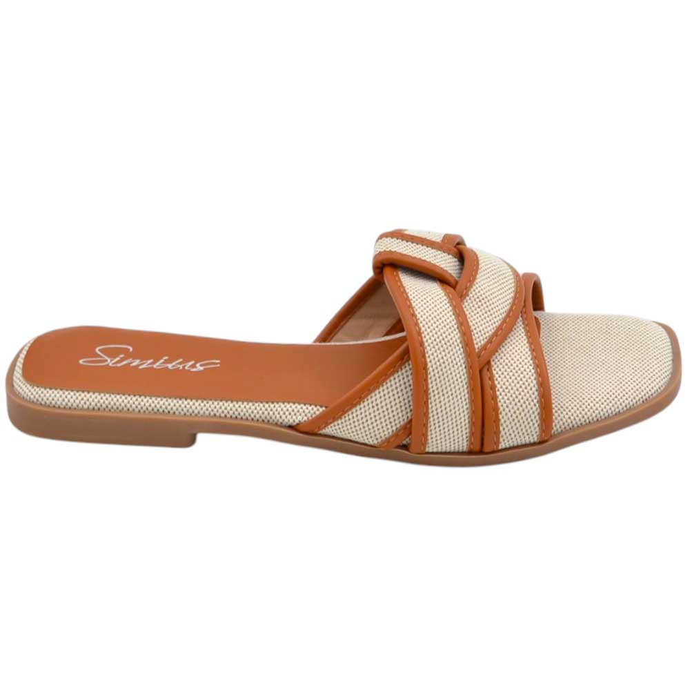 Pantofoline da donna basse basic in tela beige e cuoio con fasce incrociate e suola in memory.