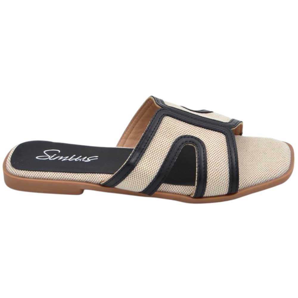 Pantofoline da donna basse basic in tela beige e nera con fasce incrociate e aperture laterali suola in memory.