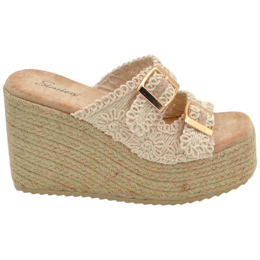 SANDALI ZEPPE DONNA NUDE BEIGE PLATFORM 10 CM CON SUOLA IN PAGLIA E FASCIA RICAMATA CON FIBBIE COMODA.