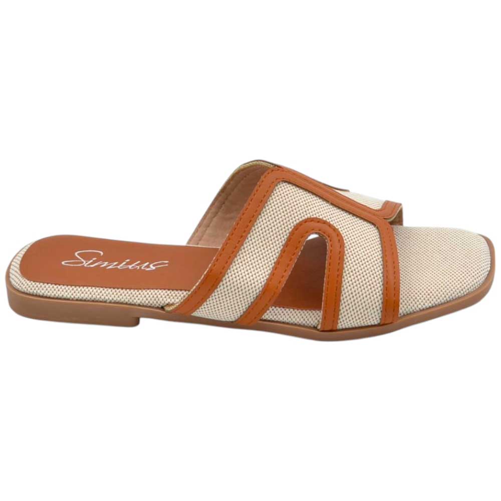 Pantofoline da donna basse basic in tela beige e cuoio con fasce incrociate e aperture laterali suola in memory	.
