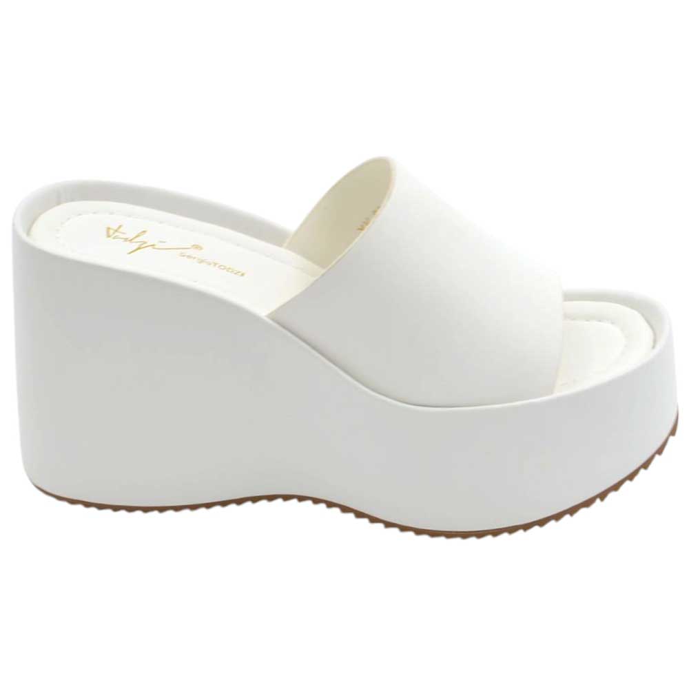 Sandali zeppe donna bianco platform 10 cm con suola in gomma e fascia in pelle comoda.