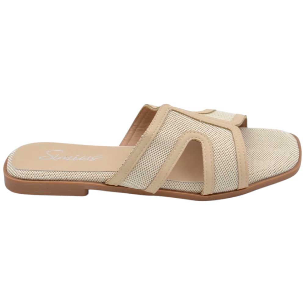 Pantofoline da donna basse basic in tela beige con fasce incrociate e aperture laterali suola in memory	.