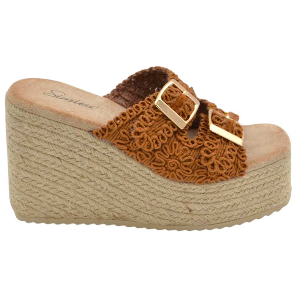 SANDALI ZEPPE DONNA CUOIO PLATFORM 10 CM CON SUOLA IN PAGLIA E FASCIA RICAMATA CON FIBBIE COMODA