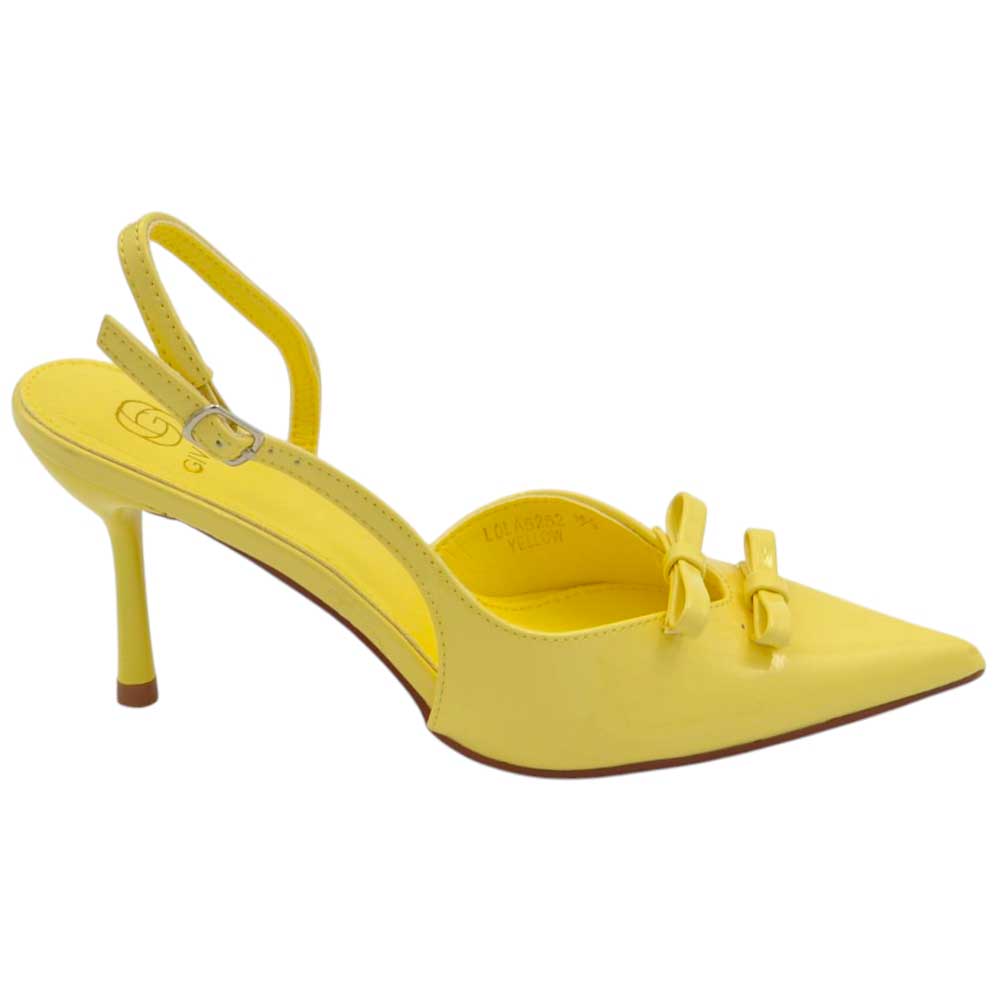 Decolette' donna in pelle lucida gialla a punta con fiocchetti tacco sottile 7 cm cinturino regolabile	.