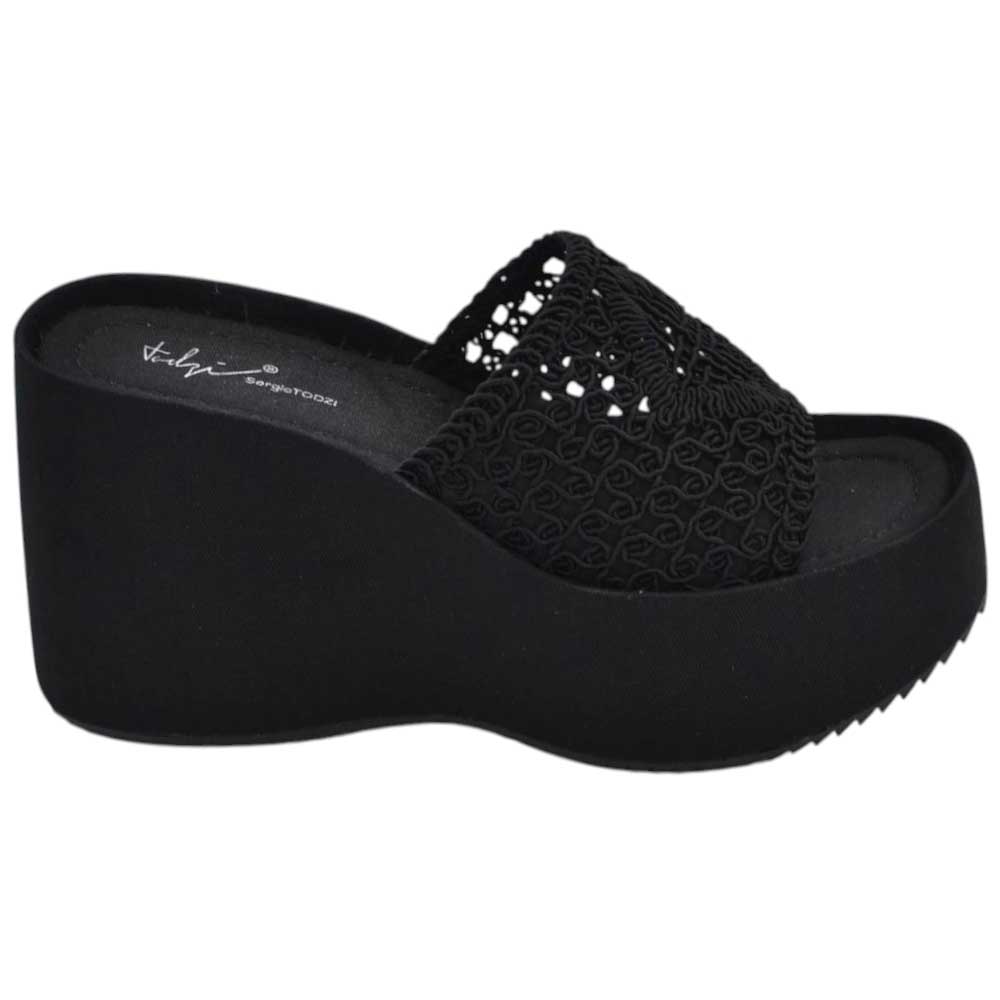 SANDALI ZEPPE DONNA NERO PLATFORM 10 CM CON SUOLA IN GOMMA E FASCIA RICAMATA IN FILO COMODA