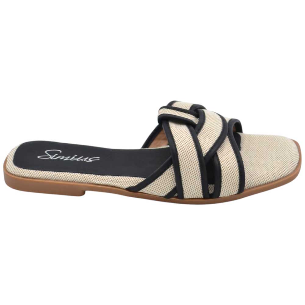 Pantofoline da donna basse basic in tela beige con fasce incrociate e suola in memory.