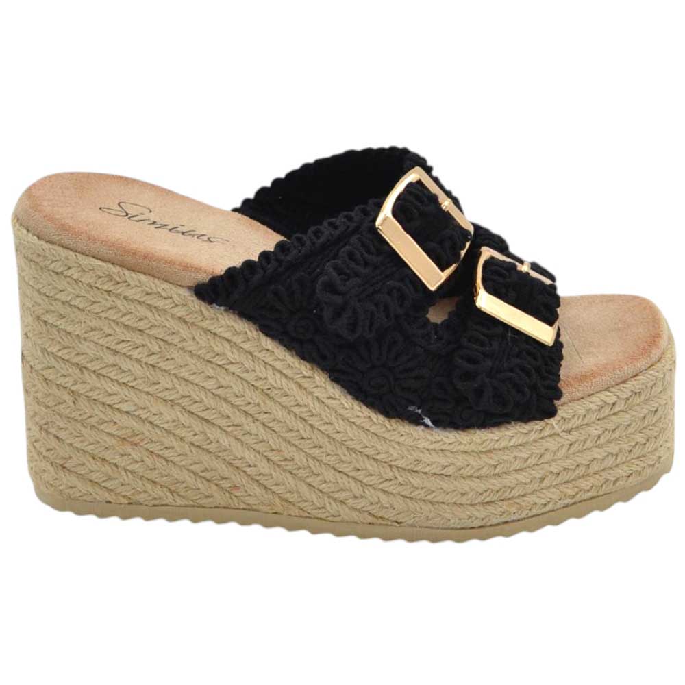 Sandali zeppe donna nera platform 10 cm con suola in paglia e fascia ricamata con fibbie comoda	.