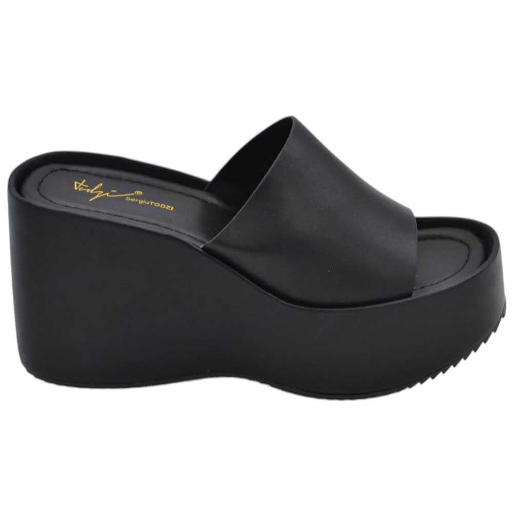 SANDALI ZEPPE DONNA NERO PLATFORM 10 CM CON SUOLA IN GOMMA E FASCIA IN PELLE COMODA.