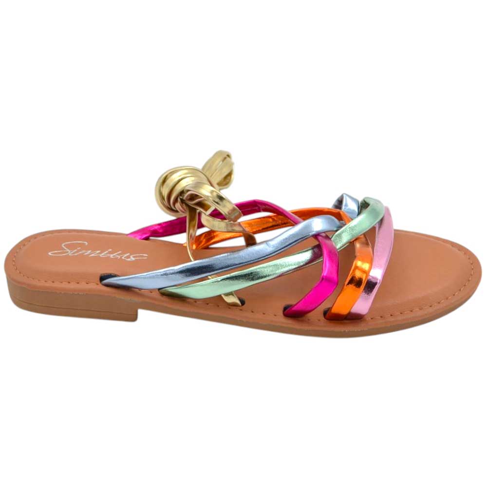 Sandali estivi donna bassi alla schiava con fascette colorate suola antiscivolo in memory chiusura con lacci alla gamba 