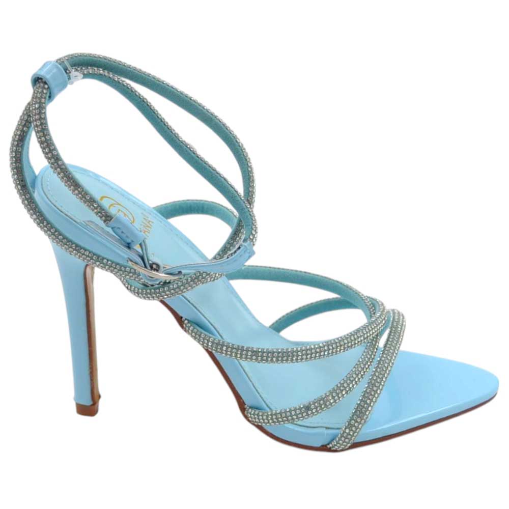 Sandalo gioiello azzurro donna tacco 12 fascia sottili incrociate con strass luccicanti cerimonia cinturino alla cavigli.