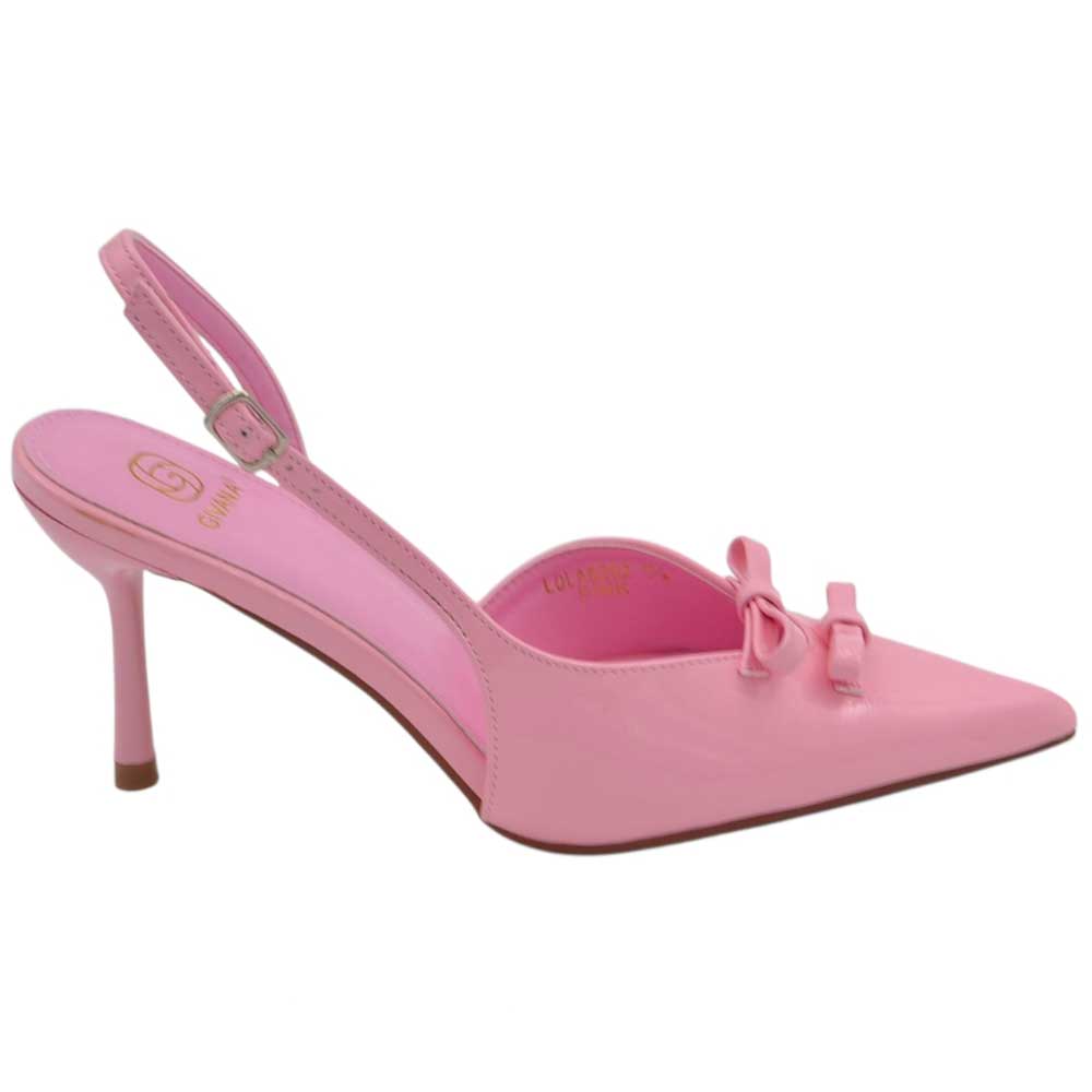 Decolette' donna in pelle lucida rosa a punta con fiocchetti tacco sottile 7 cm cinturino regolabile	