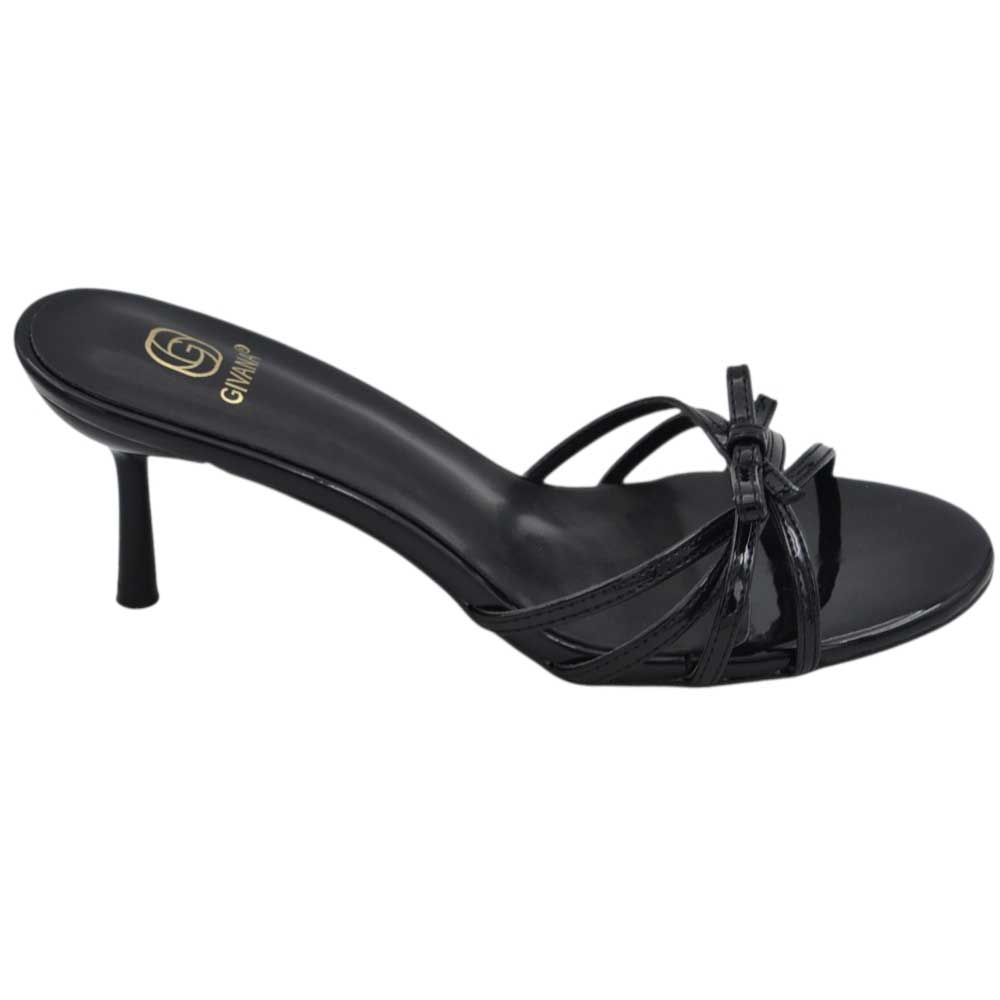 Sandali tacco donna in pelle lucida nera con fasce sottili e fiocco tacco sottile basso 7 cm senza chiusura