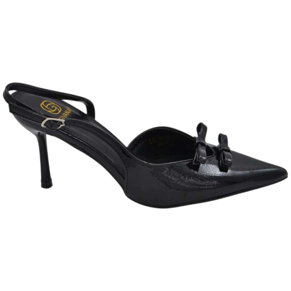 Decolette' donna in pelle lucida nera a punta con fiocchetti tacco sottile 7 cm cinturino regolabile	