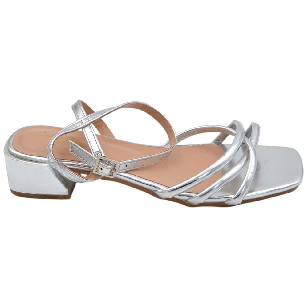 Sandali donna cerimonia con fascette incrociate in pelle argento tacco doppio 3 cm allacciatura alla caviglia moda
