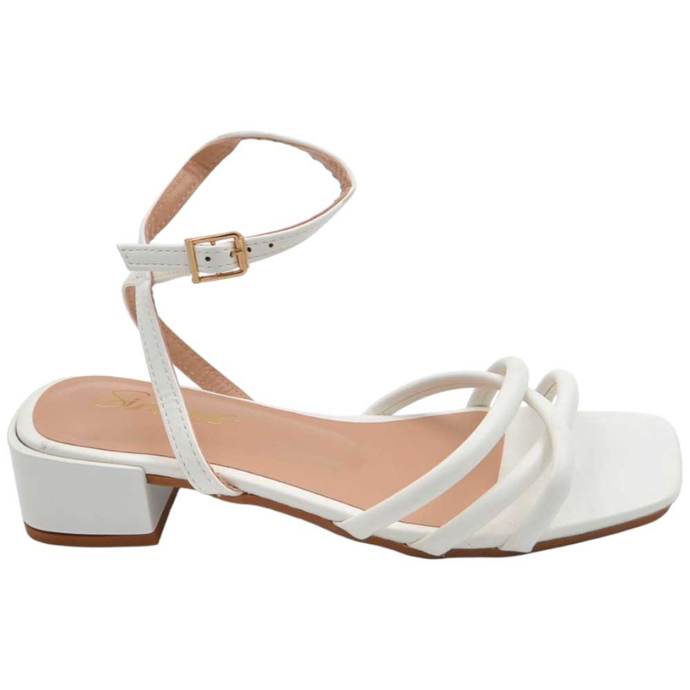 Sandali donna elegante bianco intrecciato con cinturino alla caviglia tacco basso 2 cm comodo.