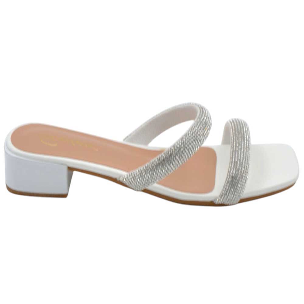 Sandali donna gioiello mule aperti bianco pelle con fascette brillantini tacco doppio 2 cm comode eleganti.
