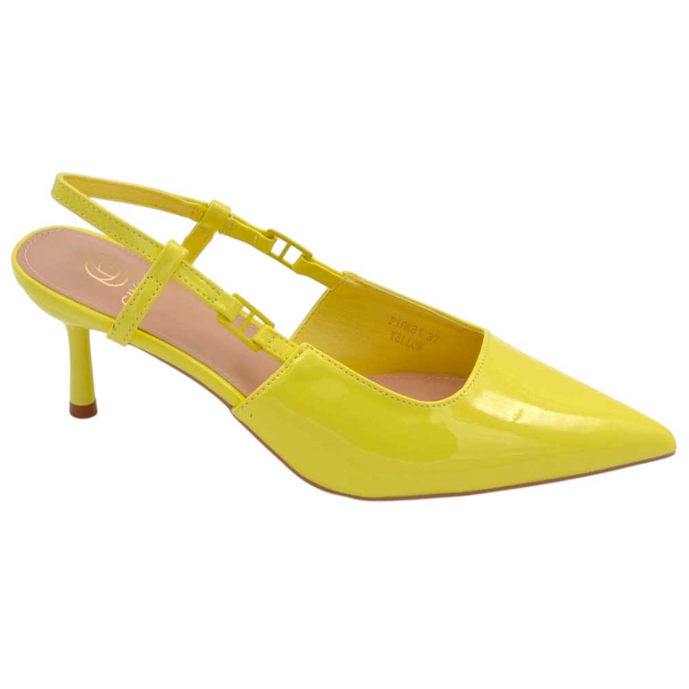 Decolette' donna in pelle lucida gialla punta tacco sottile 5 cm cinturino regolabile tallone .