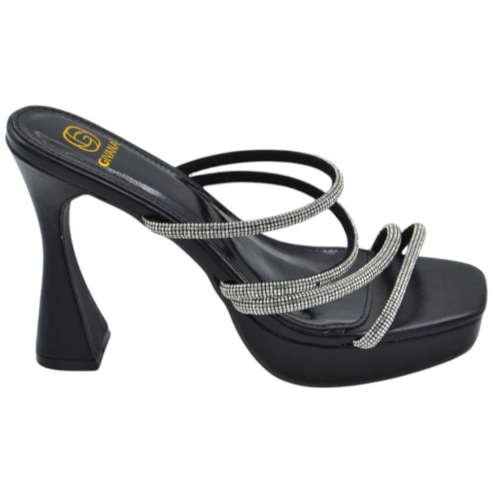 Sandali nero donna fasce brillantini mules eleganti sabot con plateau 3 cm e tacco largo clessidra 12 cm