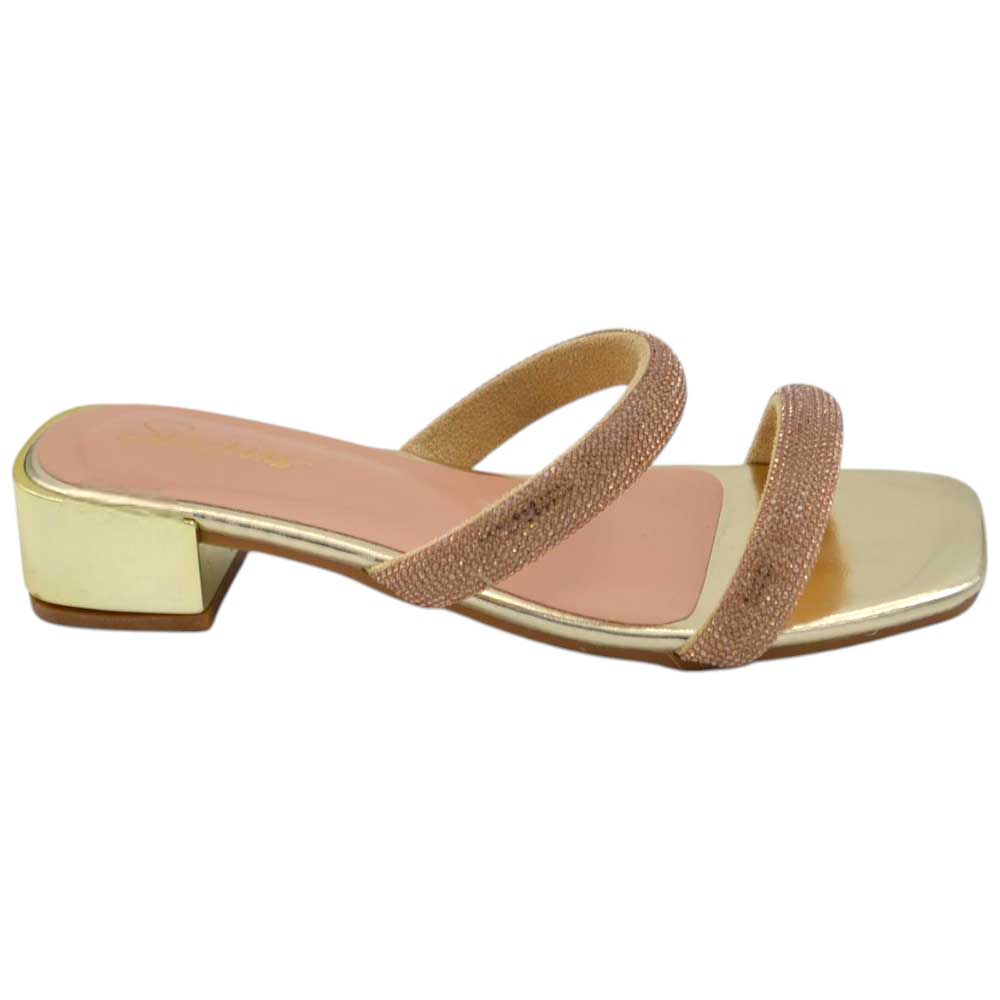 Sandali donna gioiello mule aperti oro lucido fascette brillantini tacco doppio 2 cm comode eleganti.