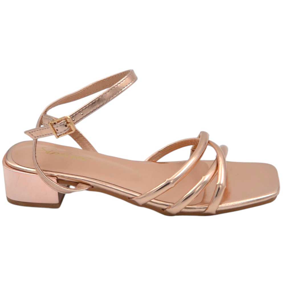 Sandali donna elegante oro rosa intrecciato con cinturino alla caviglia tacco basso 2 cm comodo