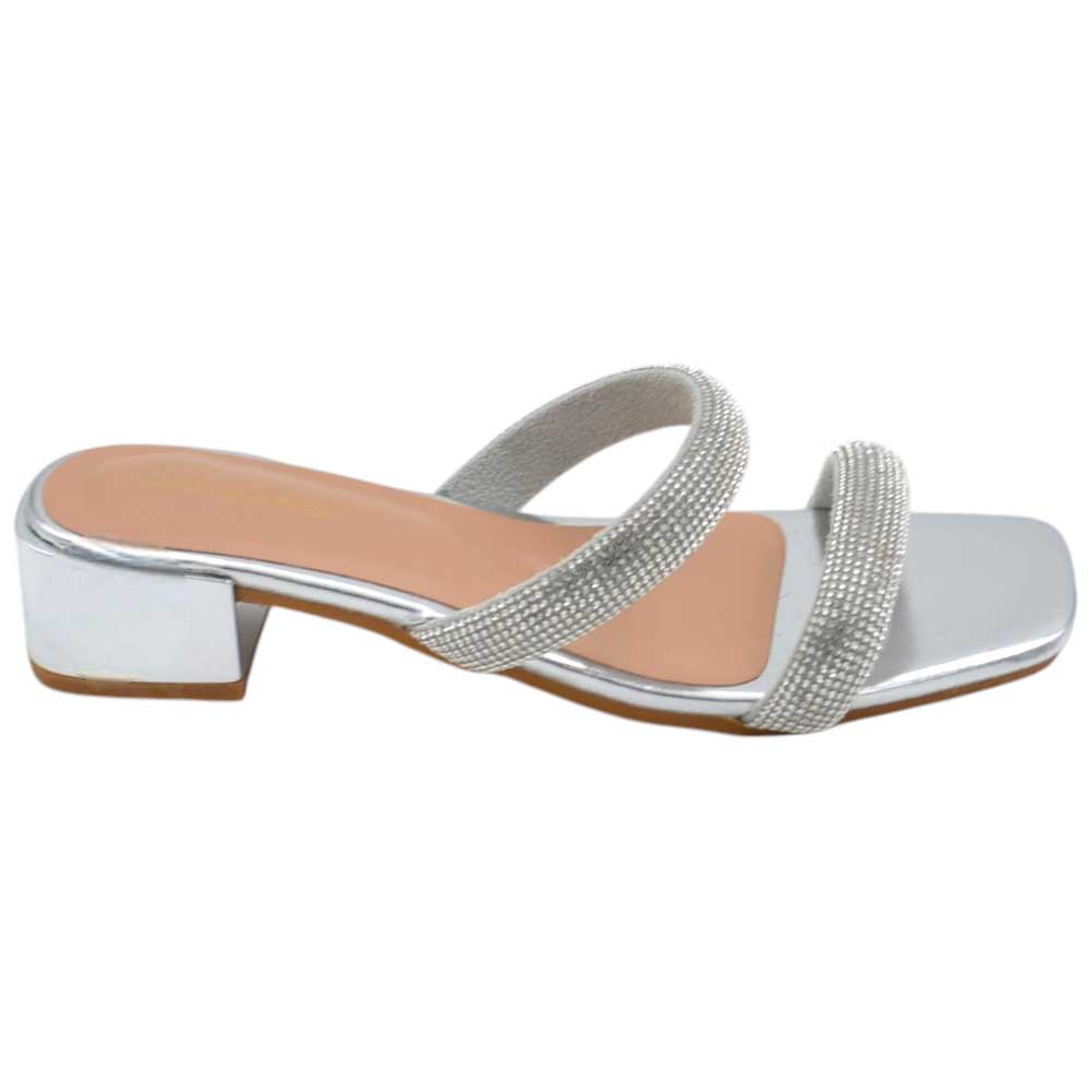 Sandali donna gioiello mule aperti argento lucido fascette brillantini tacco doppio 2 cm comode eleganti