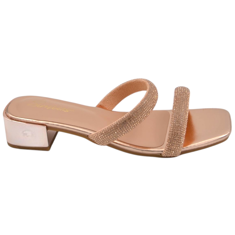 Sandali donna gioiello mule aperti oro rosa lucido fascette brillantini tacco doppio 2 cm comode eleganti.
