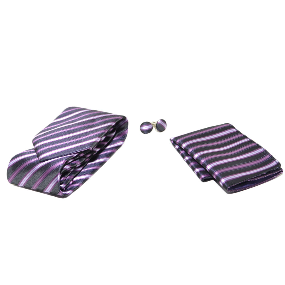 SET CRAVATTA UOMO ELEGANTE IN RASO VIOLA STRIATA CON GEMELLI E POCHETTE PER CERIMONIE EVENTI