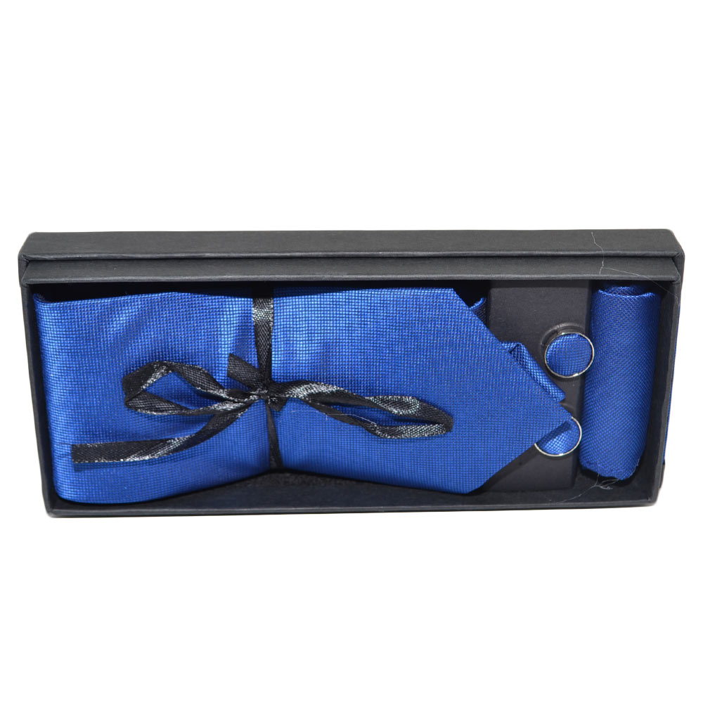 SET CRAVATTA UOMO ELEGANTE IN RASO BLU PUNTINATO CON GEMELLI E POCHETTE PER CERIMONIE EVENTI
