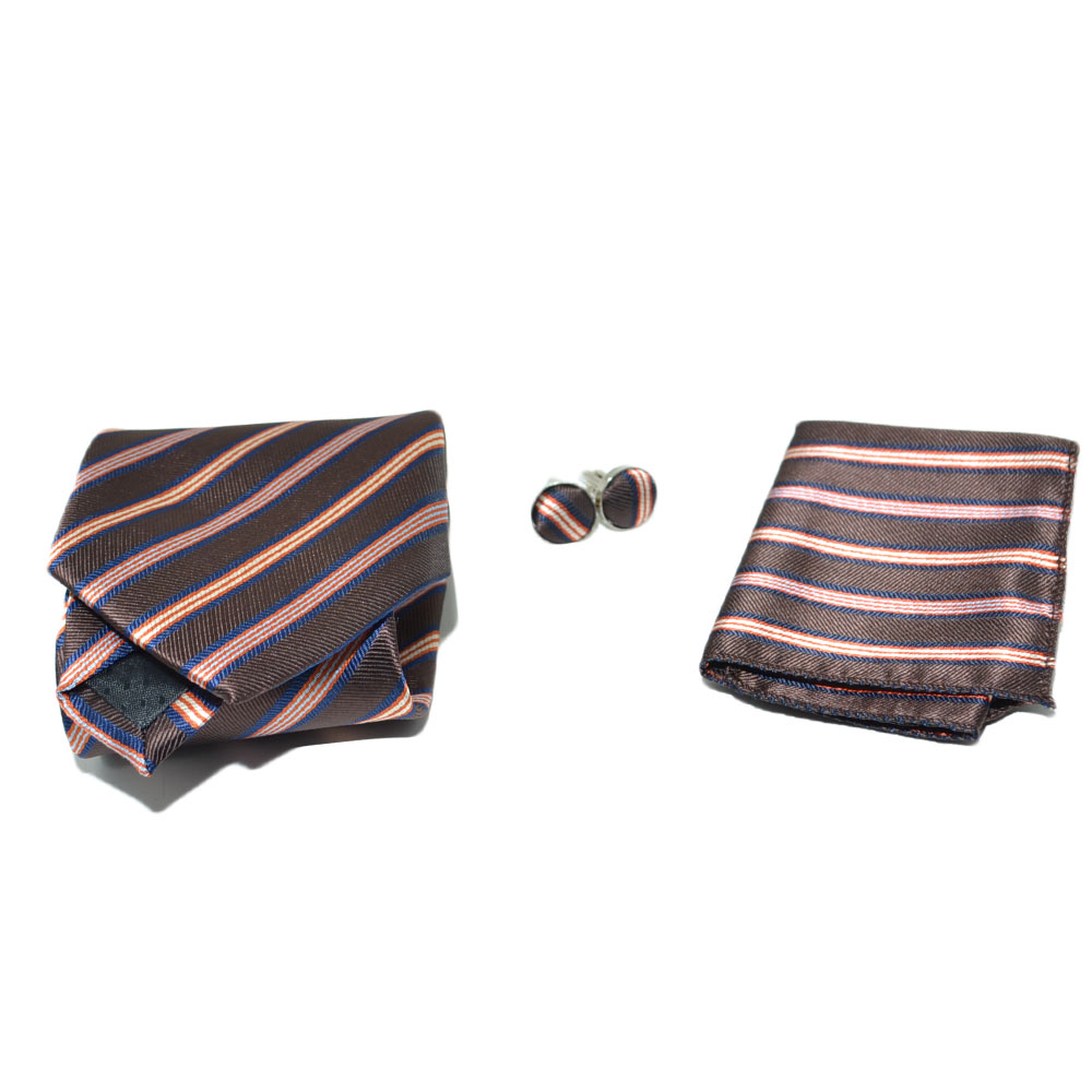 SET CRAVATTA UOMO ELEGANTE IN RASO MARRONE STRIATA CON GEMELLI E POCHETTE PER CERIMONIE EVENTI.