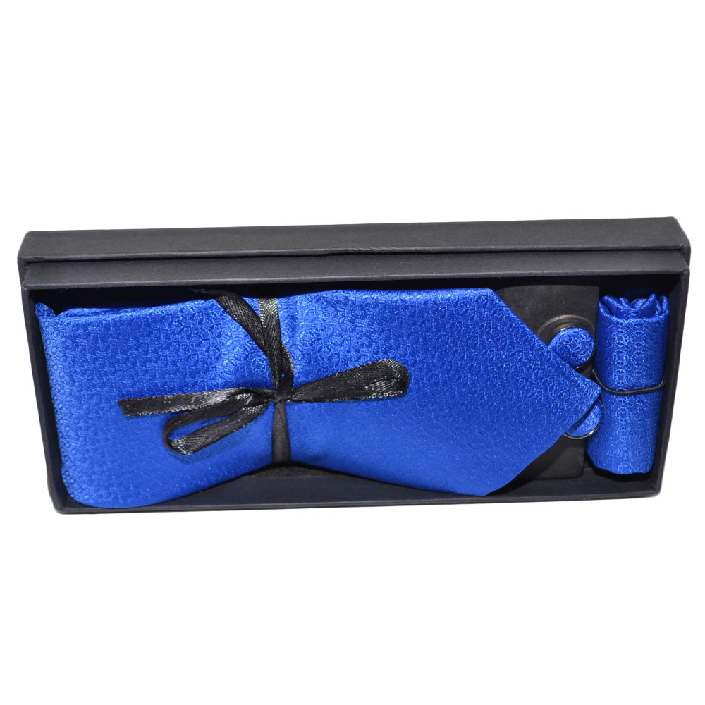 SET CRAVATTA UOMO ELEGANTE IN RASO BLU CON RICAMI TONO SU TONO CON GEMELLI E POCHETTE PER CERIMONIE EVENTI.