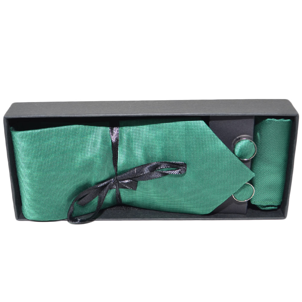 SET CRAVATTA UOMO ELEGANTE IN RASO VERDE PUNTINATO CON GEMELLI E POCHETTE PER CERIMONIE EVENTI.