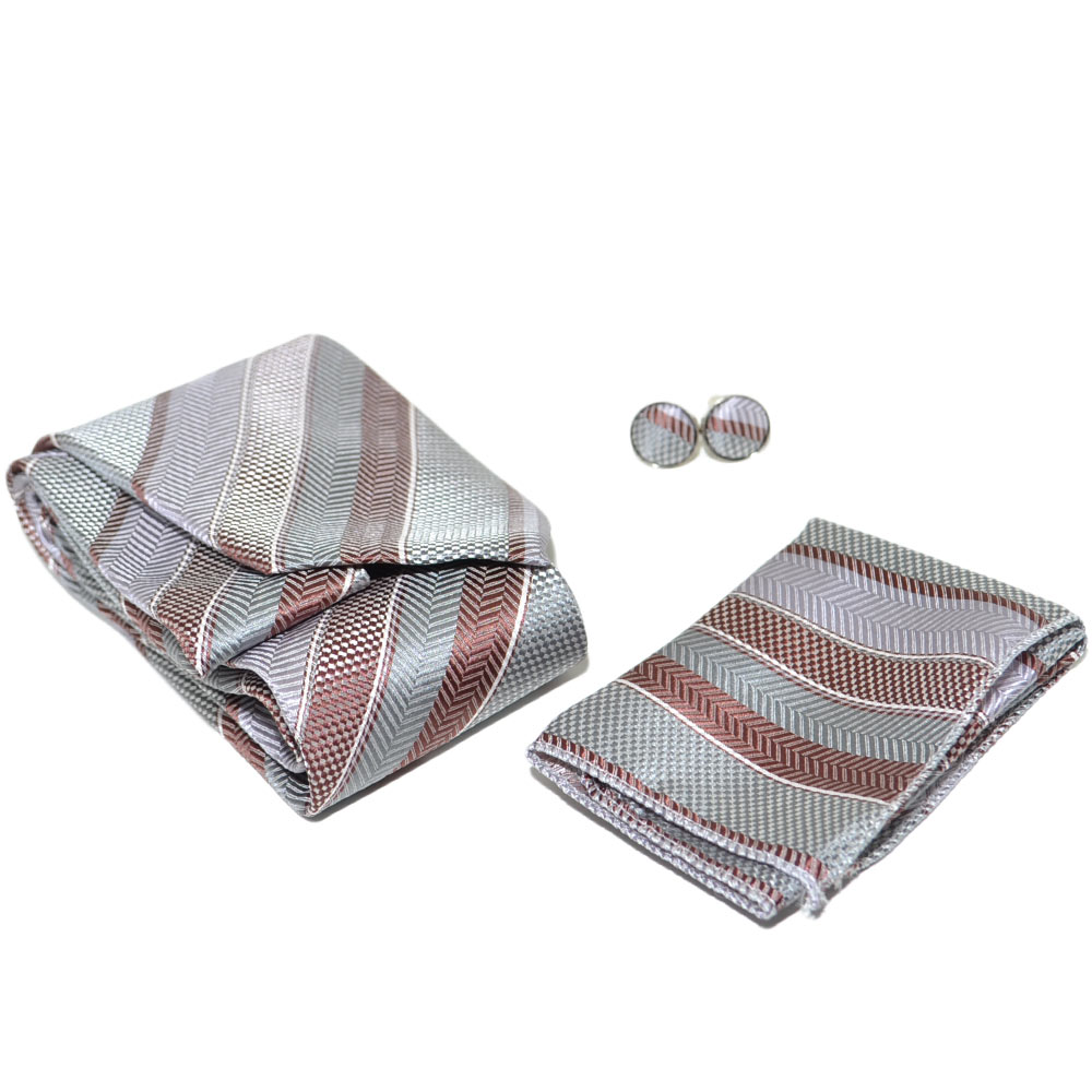 SET CRAVATTA UOMO ELEGANTE IN RASO GRIGIO STRIATA CON GEMELLI E POCHETTE PER CERIMONIE EVENTI