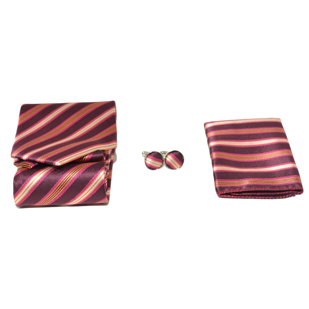 SET CRAVATTA UOMO ELEGANTE IN RASO BORDEAUX STRIATA CON GEMELLI E POCHETTE PER CERIMONIE EVENTI.