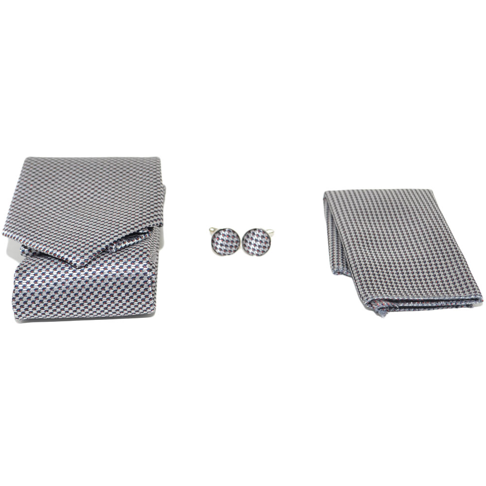 SET CRAVATTA UOMO ELEGANTE IN RASO GRIGIO PIED DE POULE CON GEMELLI E POCHETTE PER CERIMONIE EVENTI