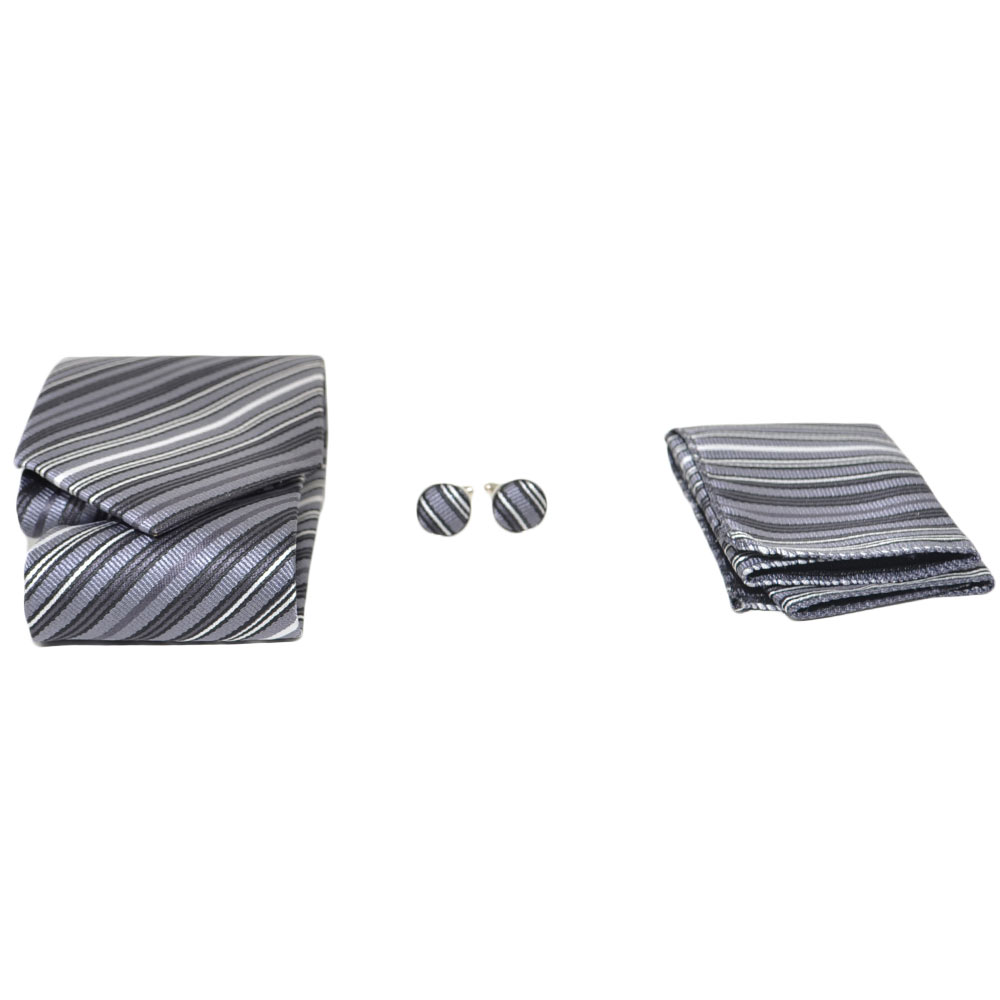 SET CRAVATTA UOMO ELEGANTE IN RASO GRIGIO STRIATA CON GEMELLI E POCHETTE PER CERIMONIE EVENTI