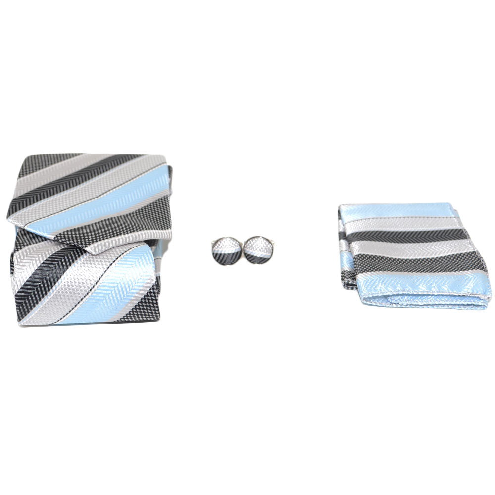 SET CRAVATTA UOMO ELEGANTE IN RASO AZZURRO STRIATA CON GEMELLI E POCHETTE PER CERIMONIE EVENTI