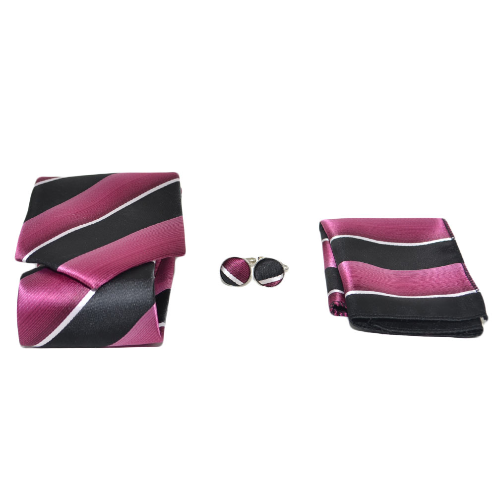 SET CRAVATTA UOMO ELEGANTE IN RASO FUCSIA STRIATA CON GEMELLI E POCHETTE PER CERIMONIE EVENTI